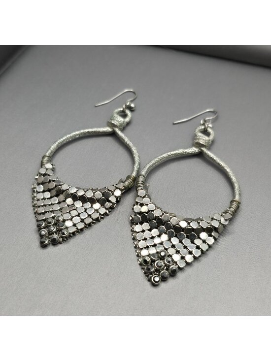 Unbranded Jewelry - VTG Mesh Drop Hoop Earrings 3.5" Silver Tone Deco Boho Statement Retro Disco
